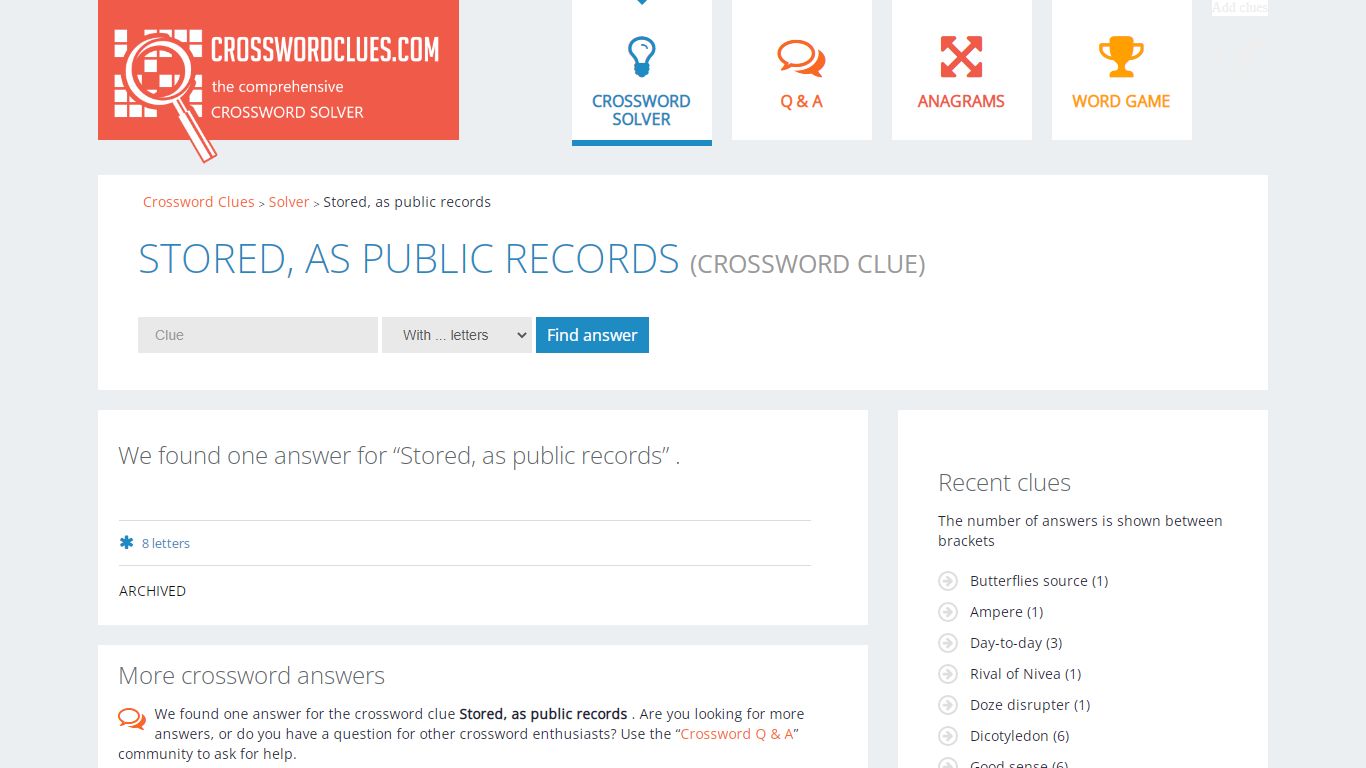 Stored, as public records - 1 answer | Crossword Clues