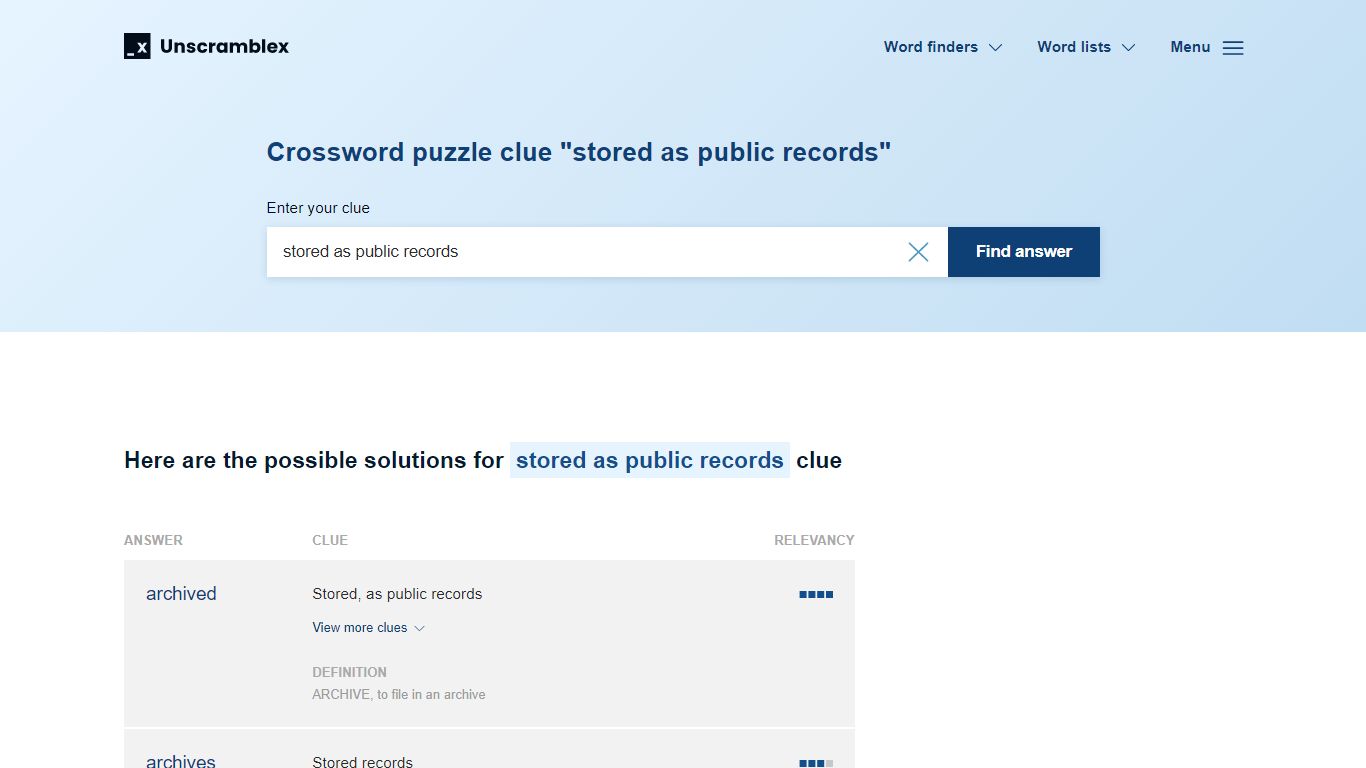 stored as public records | Crossword Clue | Crossword Helper